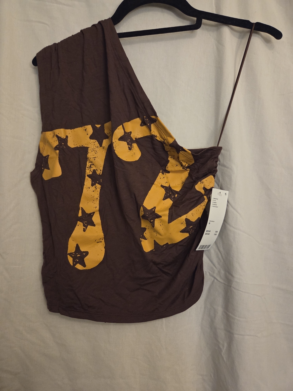 Brown One-Shoulder Tank with Gold Graphic